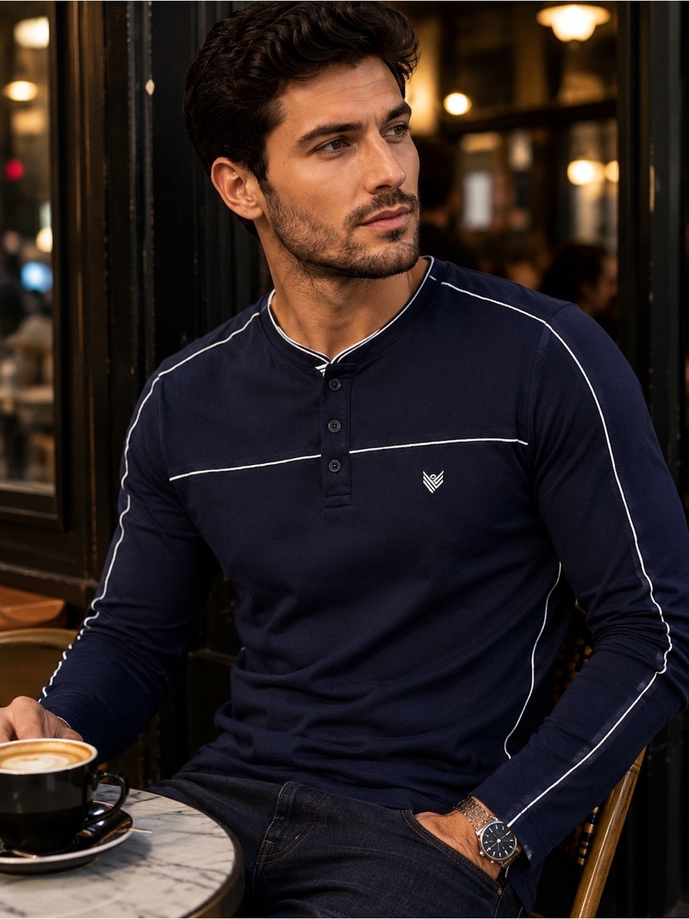 Artful Rebel Navy Long Sleeve Henley Shirt Men’s Large Modern Stretch Casual